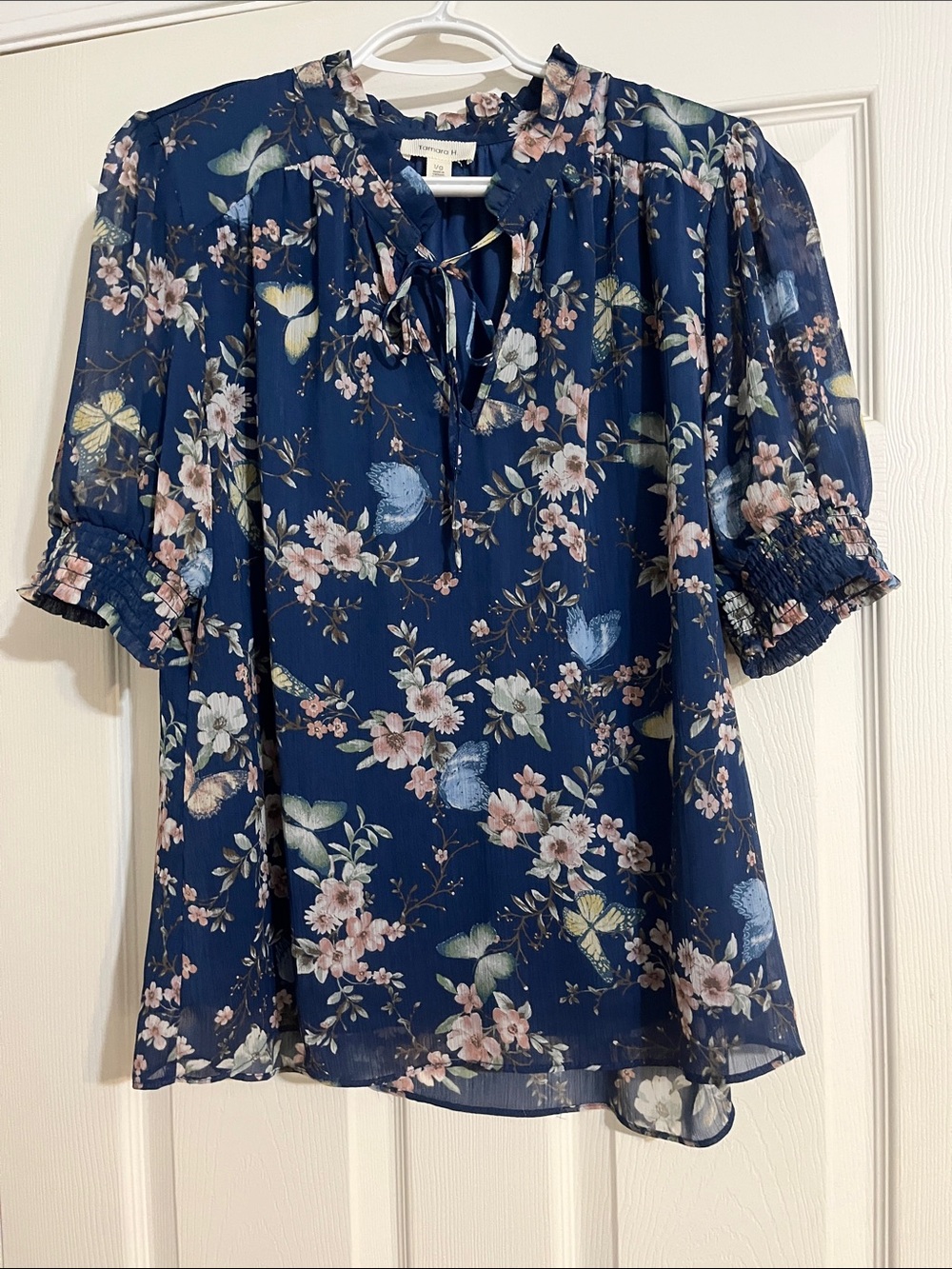Navy Floral Tie-Neck Blouse with Puff Sleeves